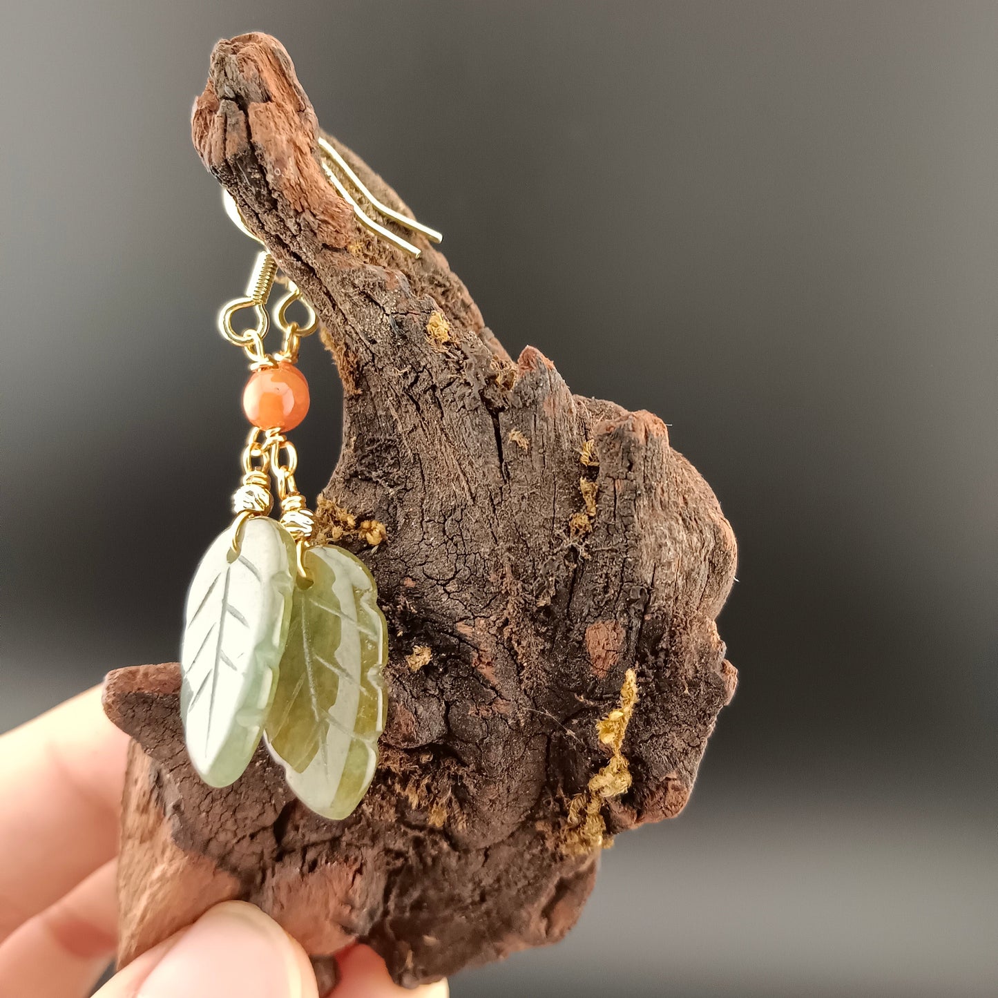 #973 Type A Natural Jadeite, 14K Gold-Plated Silver Dainty Dangle Leaf Earrings 🍃