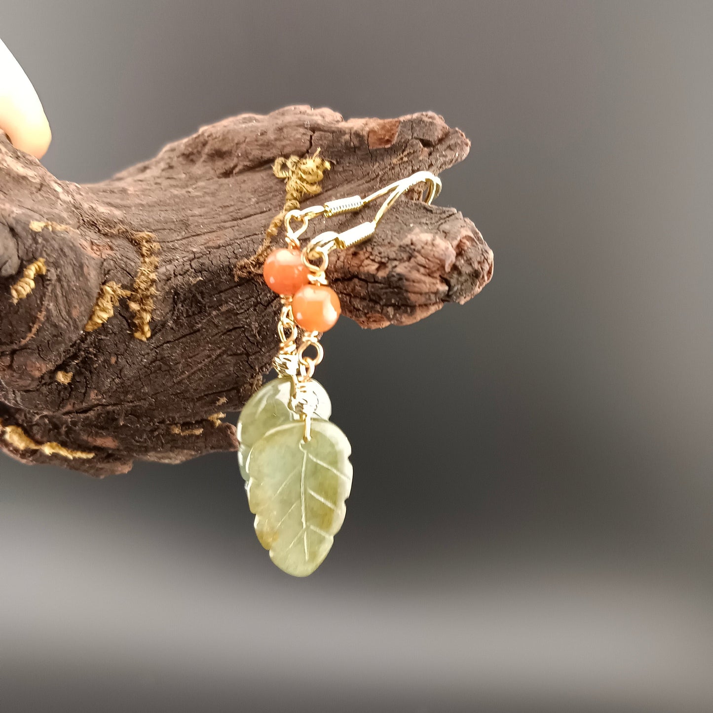 #973 Type A Natural Jadeite, 14K Gold-Plated Silver Dainty Dangle Leaf Earrings 🍃