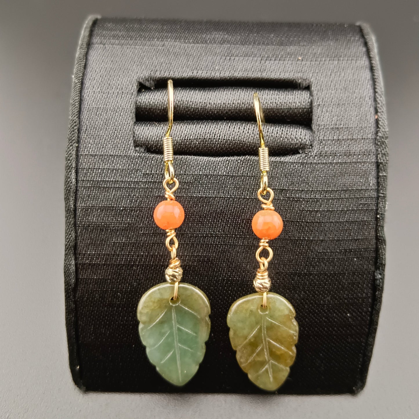 #973 Type A Natural Jadeite, 14K Gold-Plated Silver Dainty Dangle Leaf Earrings 🍃