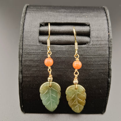 #973 Type A Natural Jadeite, 14K Gold-Plated Silver Dainty Dangle Leaf Earrings 🍃