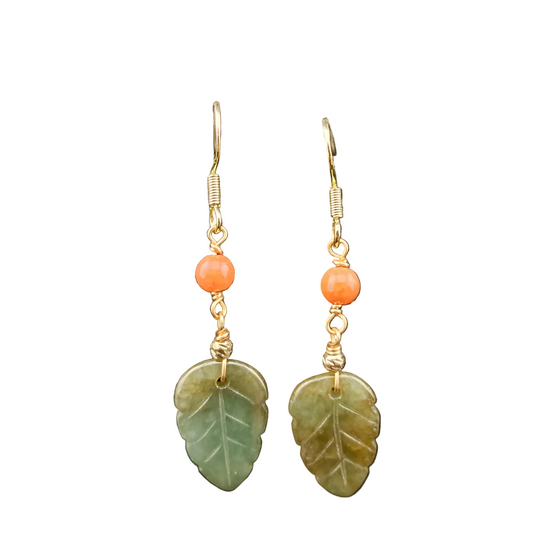 [Little Jade Pavilion]  #973 Type A Natural Jadeite, 14K Gold-Plated Silver Dainty Dangle Leaf Earrings 🍃