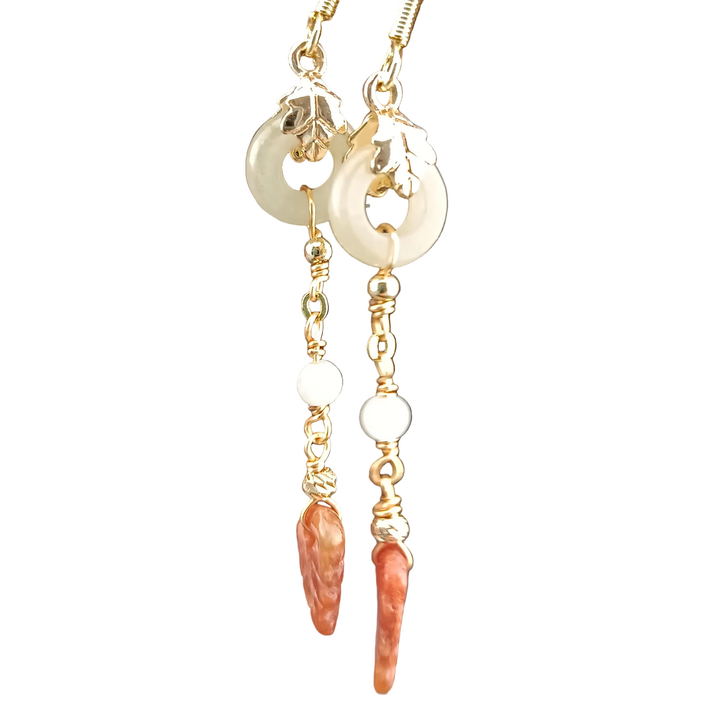 [Little Jade Pavilion] #974 Type A Natural Jadeite, 14K Gold-Plated Silver Intricate Leaf Embroidery Dangle Fall Earrings 🍂