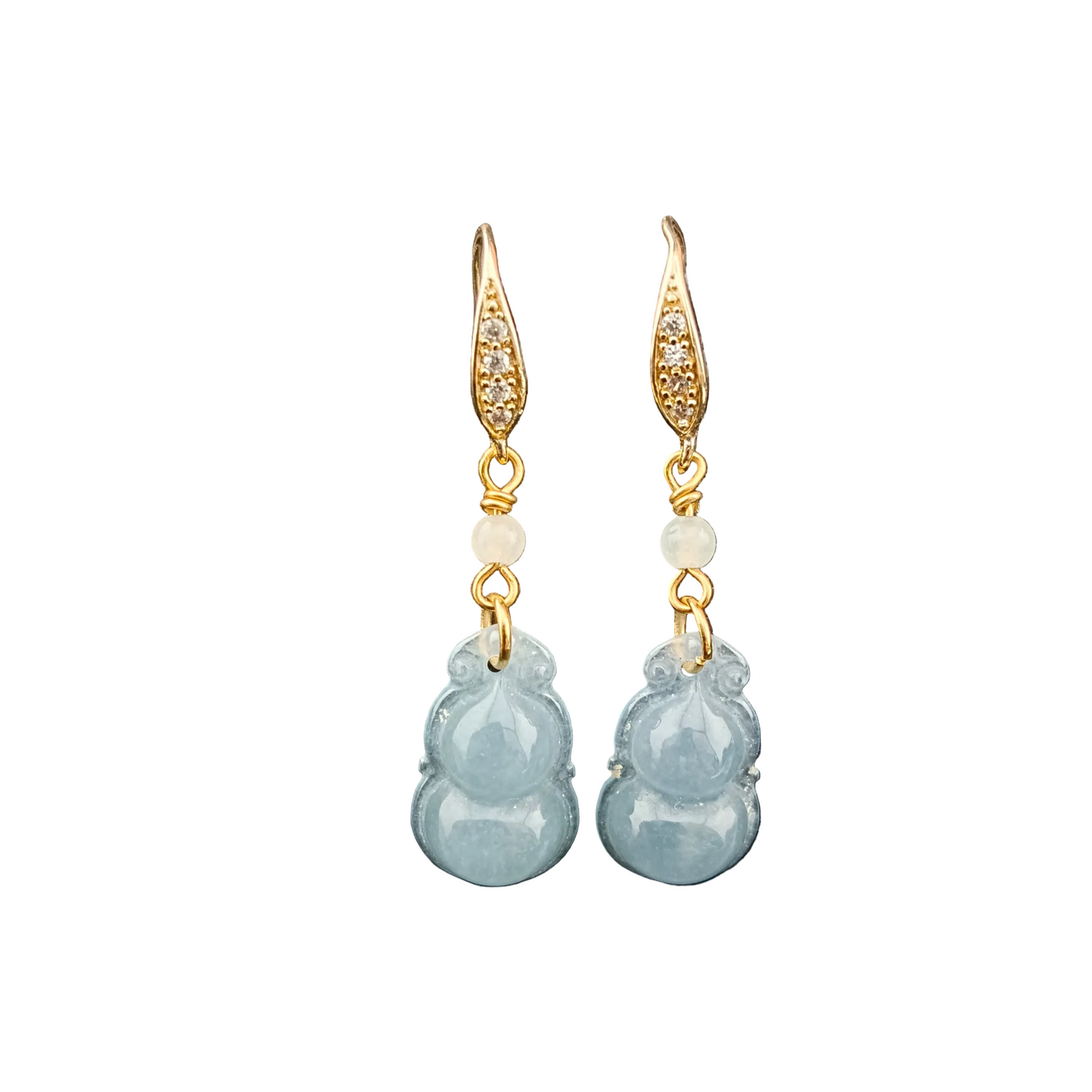 [Little Jade Pavilion] #972 Type A Natural Jadeite, 14K Gold-Plated Silver Hu Lu Blue Earrings with Intricate CZ Details 💙