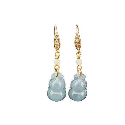 [Little Jade Pavilion] #972 Type A Natural Jadeite, 14K Gold-Plated Silver Hu Lu Blue Earrings with Intricate CZ Details 💙