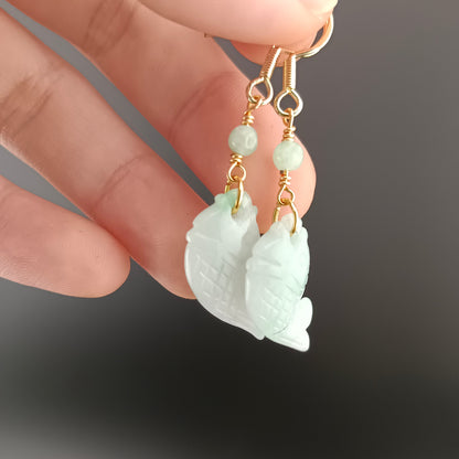 [Little Jade Pavilion] #970 Type A Natural Jadeite, 14K Gold-Plated Silver Fish Detail Earrings 🐟