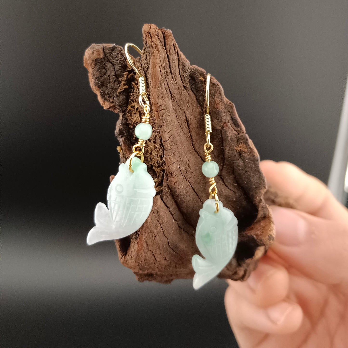 [Little Jade Pavilion] #970 Type A Natural Jadeite, 14K Gold-Plated Silver Fish Detail Earrings 🐟