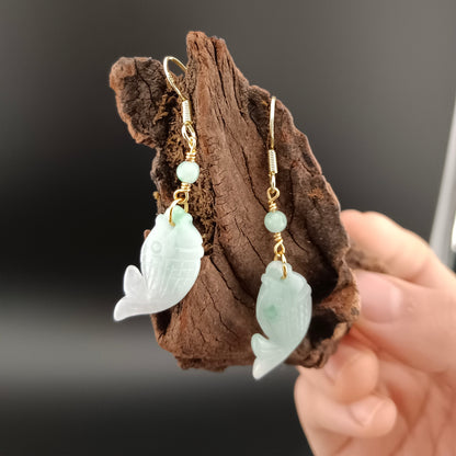 [Little Jade Pavilion] #970 Type A Natural Jadeite, 14K Gold-Plated Silver Fish Detail Earrings 🐟