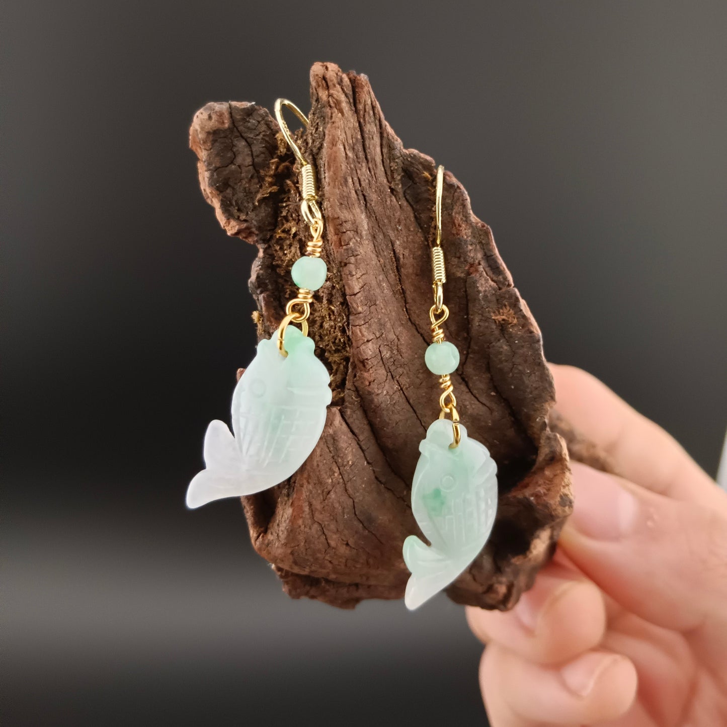 [Little Jade Pavilion] #970 Type A Natural Jadeite, 14K Gold-Plated Silver Fish Detail Earrings 🐟