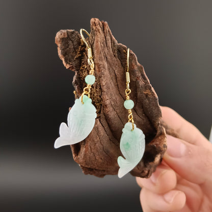 [Little Jade Pavilion] #970 Type A Natural Jadeite, 14K Gold-Plated Silver Fish Detail Earrings 🐟