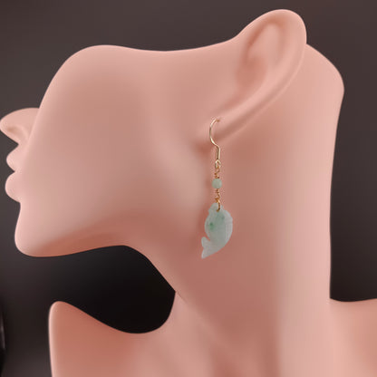 [Little Jade Pavilion] #970 Type A Natural Jadeite, 14K Gold-Plated Silver Fish Detail Earrings 🐟