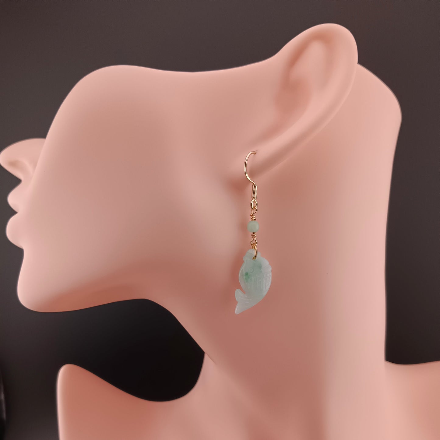 [Little Jade Pavilion] #970 Type A Natural Jadeite, 14K Gold-Plated Silver Fish Detail Earrings 🐟