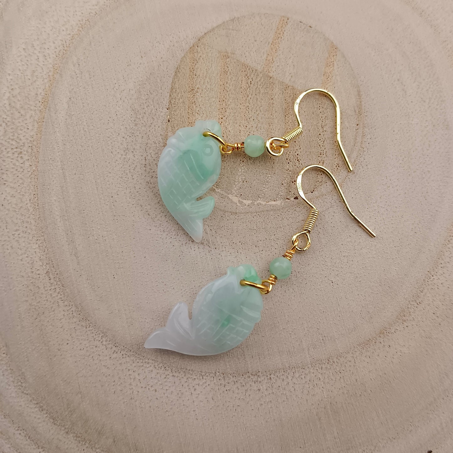[Little Jade Pavilion] #970 Type A Natural Jadeite, 14K Gold-Plated Silver Fish Detail Earrings 🐟