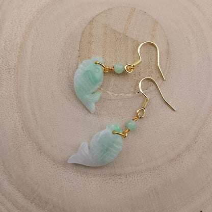[Little Jade Pavilion] #970 Type A Natural Jadeite, 14K Gold-Plated Silver Fish Detail Earrings 🐟