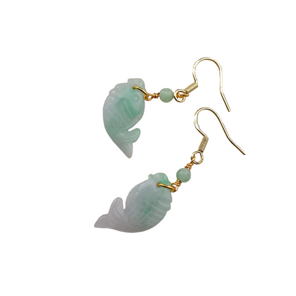 [Little Jade Pavilion] #970 Type A Natural Jadeite, 14K Gold-Plated Silver Fish Detail Earrings 🐟
