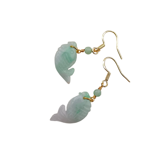 [Little Jade Pavilion] #970 Type A Natural Jadeite, 14K Gold-Plated Silver Fish Detail Earrings 🐟