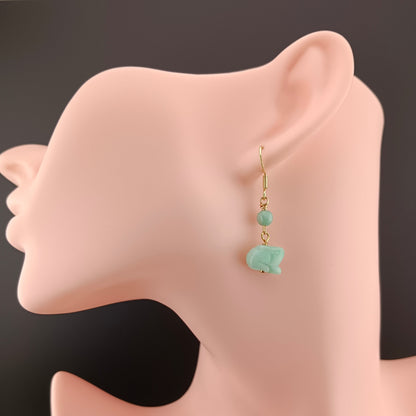 [Little Jade Pavilion] #971 Type A Natural Jadeite, 14K Gold-Plated Silver Bunny Detail Earrings 🐇