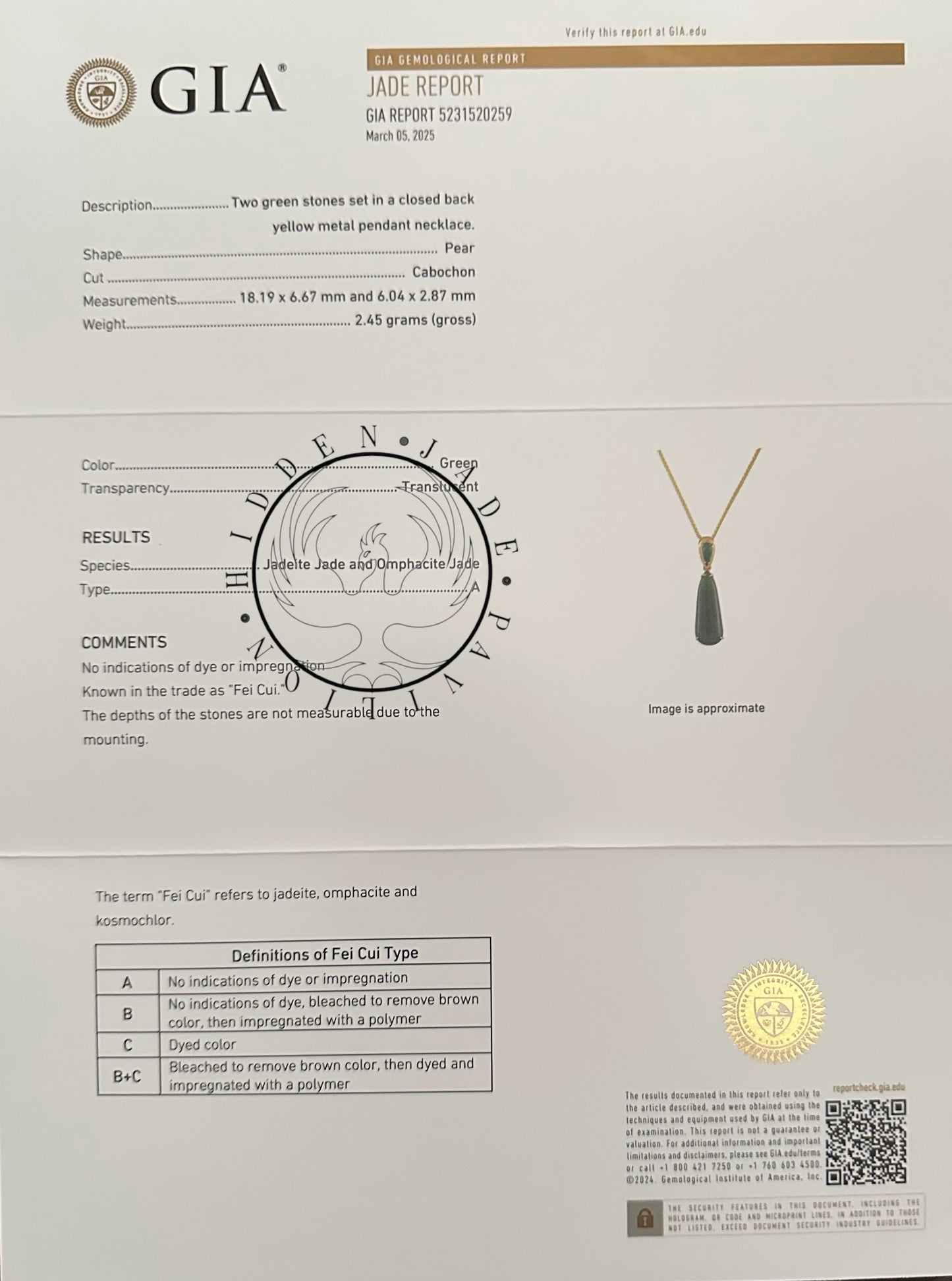 #831 GIA Certified Translucent Burma Jadeite Green Water Droplet Pendant in 18 K Yellow Gold Setting