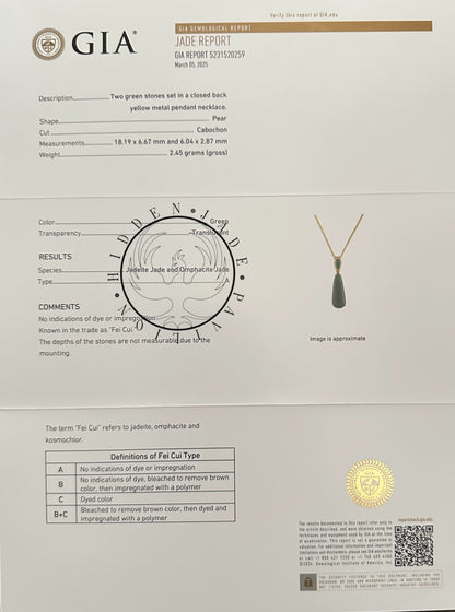 #831 GIA Certified Translucent Burma Jadeite Green Water Droplet Pendant in 18 K Yellow Gold Setting