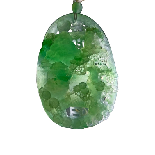 #163 Mason-Kay Certified Natural Green Icy Translucent Burma Jadeite Jade Landscape Pendant