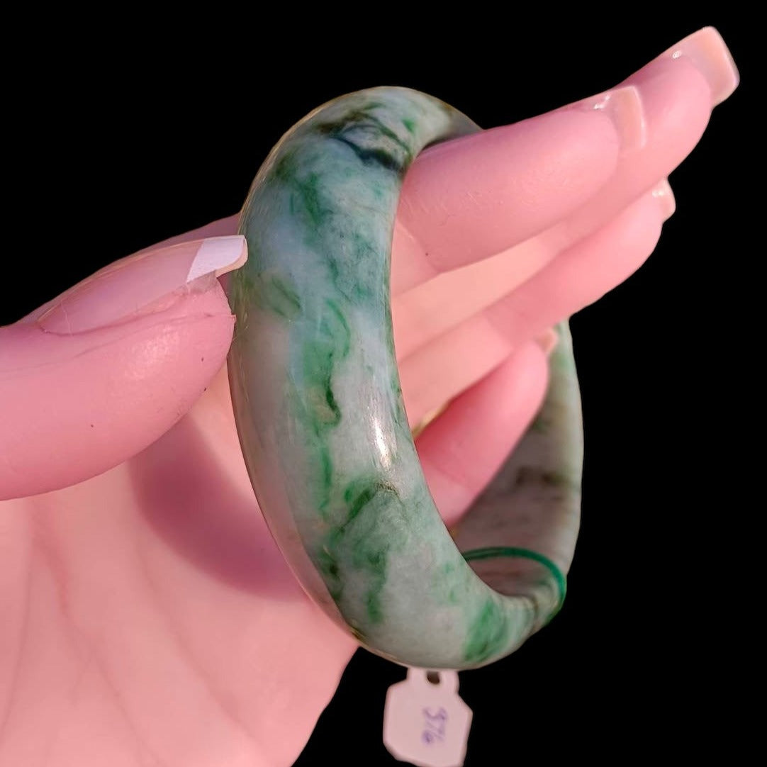 [Little Jade Pavilion] #376 Mason-Kay Certified Green-Patterned Natural Burma Jadeite Jade Bangle Bracelet (Width: 19.5 mm!)