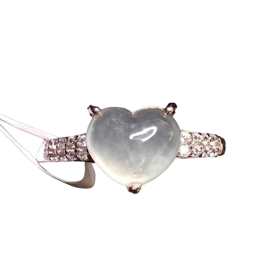 [Little Jade Pavilion] #754 Natural Icy Semi-Transparent White Burma Jadeite Heart-Shaped Ring with S925 and CZ setting