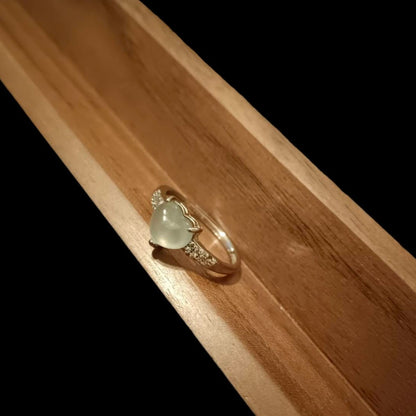 [Little Jade Pavilion] #754 Natural Icy Semi-Transparent White Burma Jadeite Heart-Shaped Ring with S925 and CZ setting