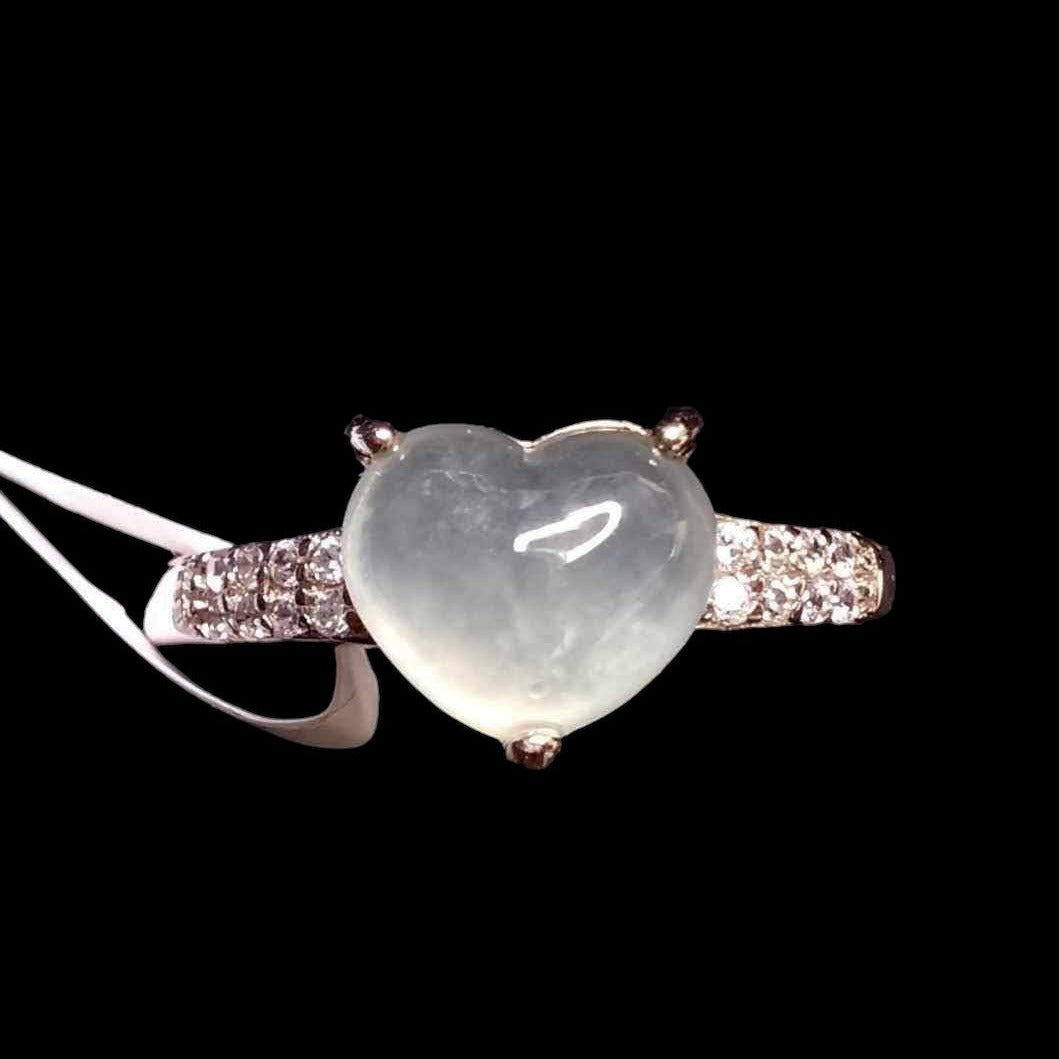 [Little Jade Pavilion] #754 Natural Icy Semi-Transparent White Burma Jadeite Heart-Shaped Ring with S925 and CZ setting