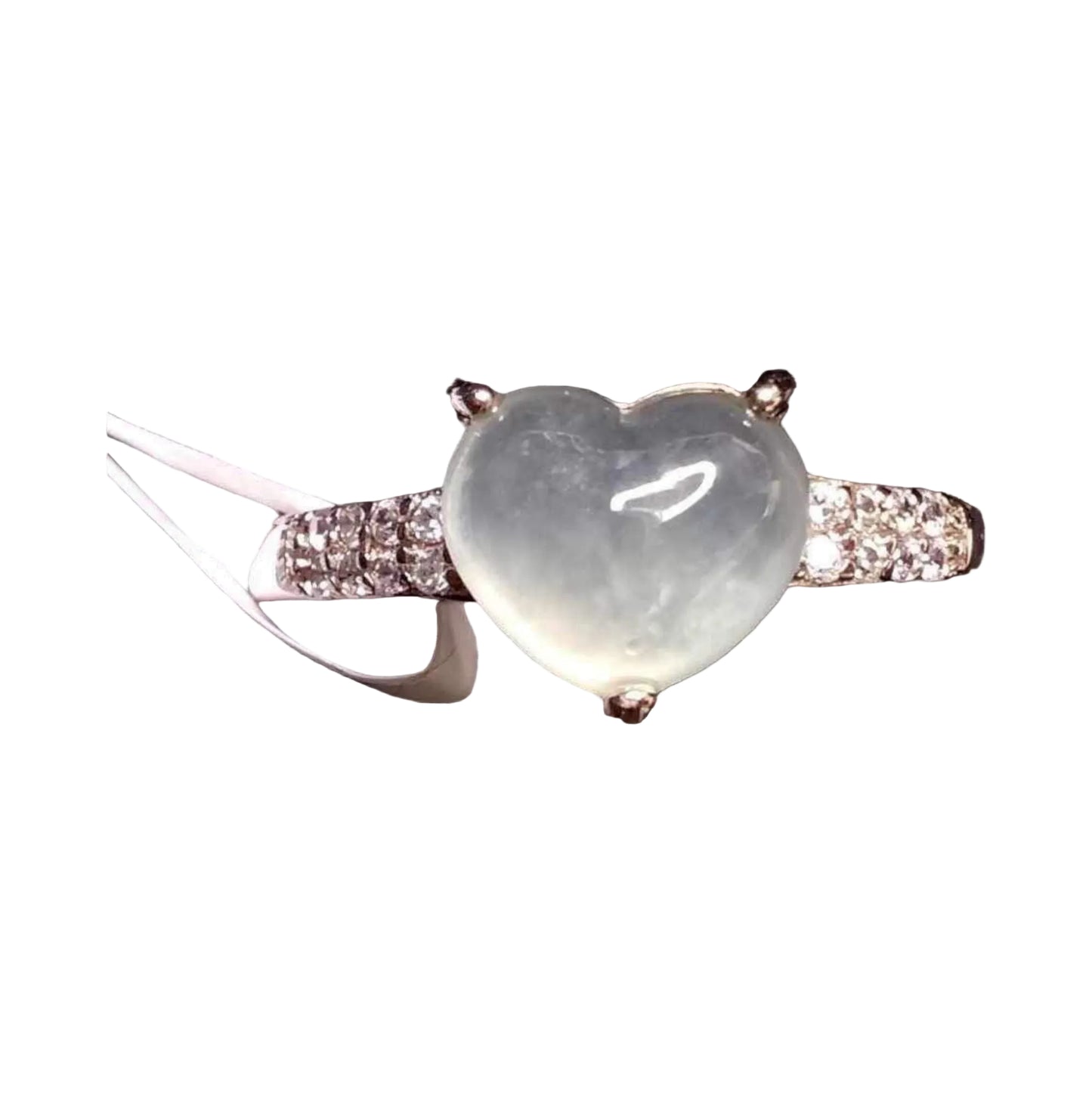 [Little Jade Pavilion] #754 Natural Icy Semi-Transparent White Burma Jadeite Heart-Shaped Ring with S925 and CZ setting