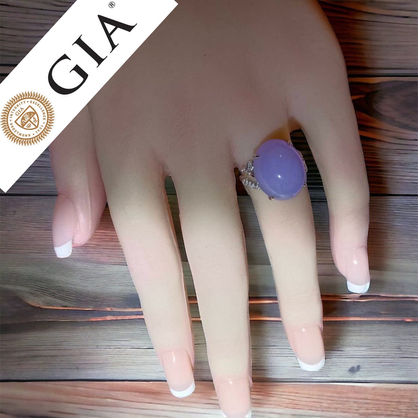 #107 High-End GIA Certified Natural Lavender Burma Jadeite Jade Ring with 18K White Gold and Diamonds Setting
