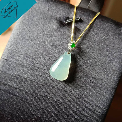 #818 AGL Certified Natural Semi-Transparent Burma Jadeite, Fu Gua 福瓜 Pendant, 18KG Bail with an Imperial Green Cabochon, and Diamonds