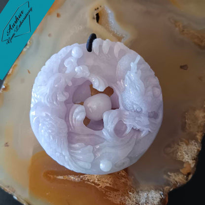 #791 AGL Certified Natural Lavender Translucent Burma Jadeite, Dragon and Phoenix Pendant