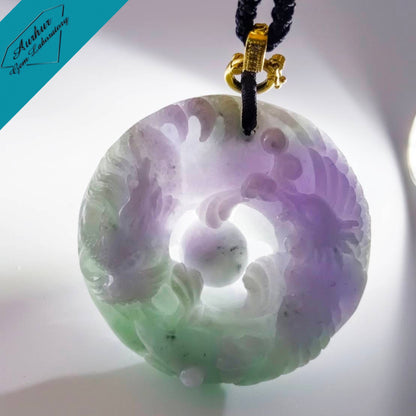 #790 AGL Certified Natural Green and Lavender Translucent Burma Jadeite, Dragon and Phoenix Pendant