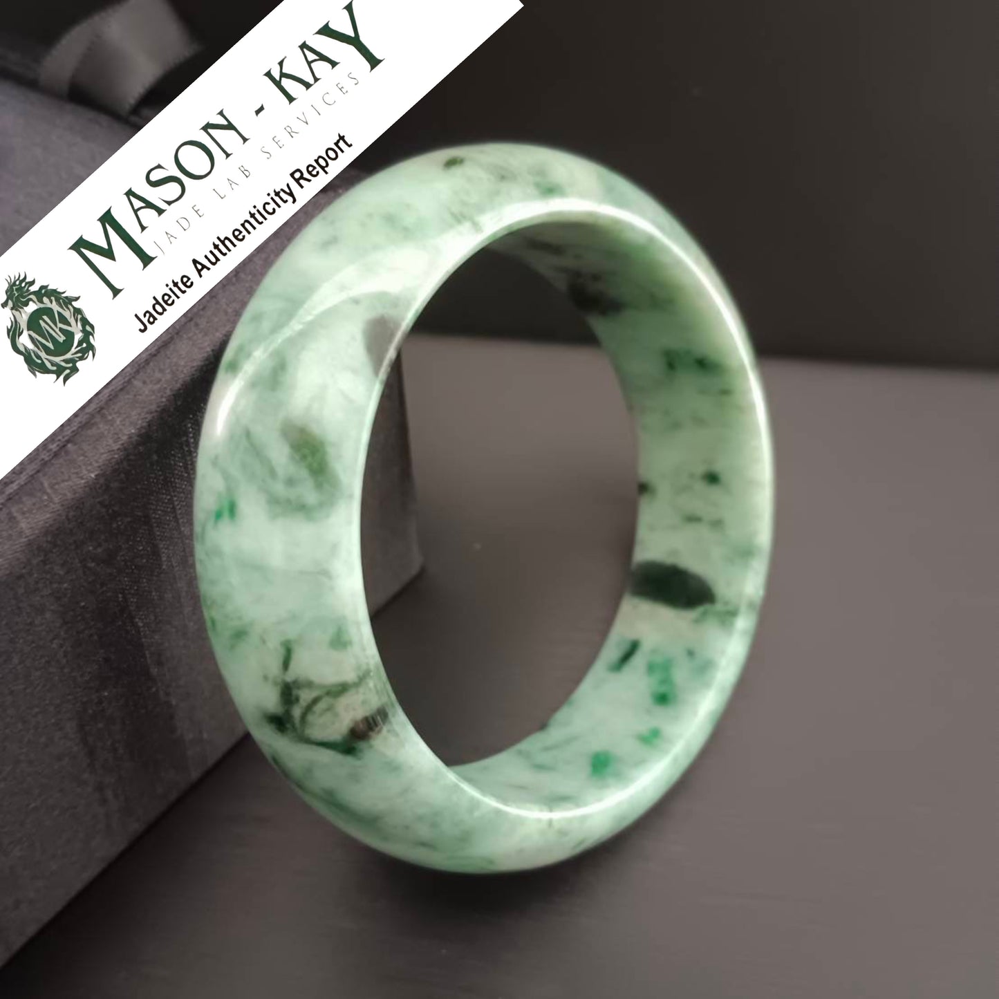 [Little Jade Pavilion] #376 Mason-Kay Certified Green-Patterned Natural Burma Jadeite Jade Bangle Bracelet (Width: 19.5 mm!)