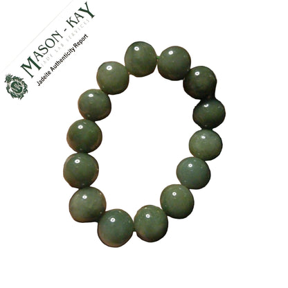 #516 Mason-Kay Certified Green Jadeite Jade Bead Bracelet, ~14 mm beads