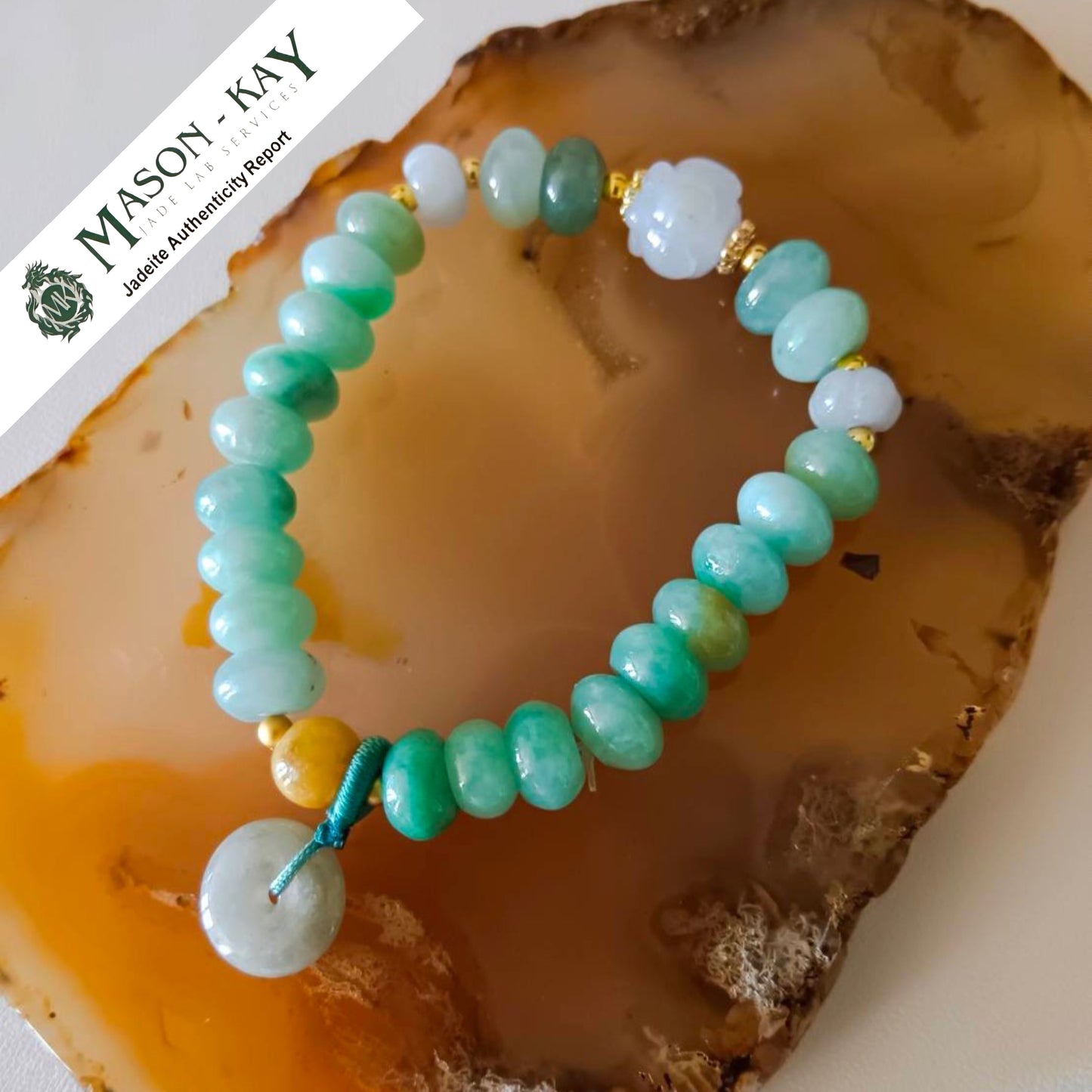 #97 Mason-Kay Certified Greenish Designer Jadeite Jade Bead Bracelet, 7.7~9.2 mm