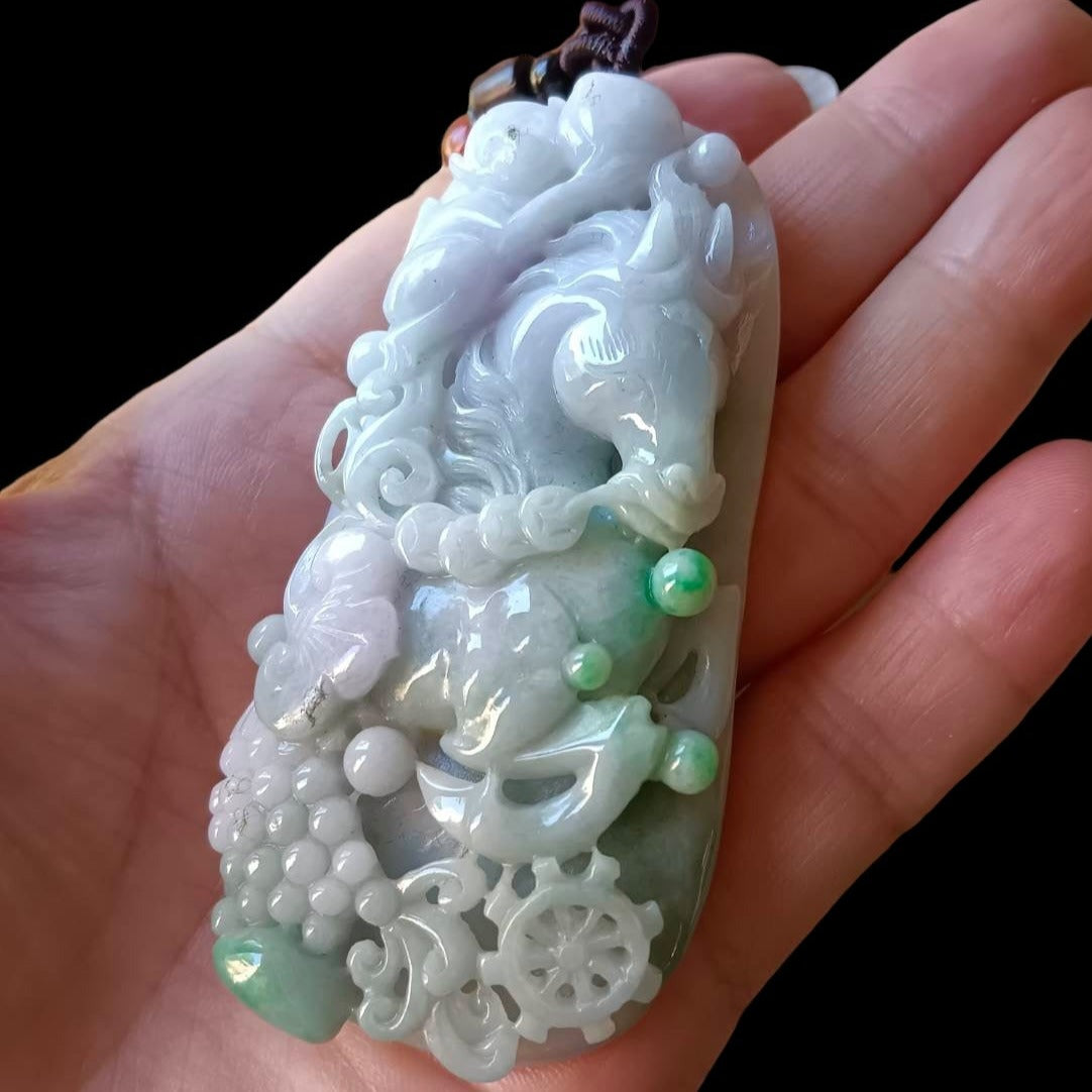 #646 AGI Certified Natural Lavender and Green Burma Jadeite Horse Pendant