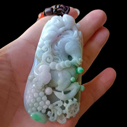 #646 AGI Certified Natural Lavender and Green Burma Jadeite Horse Pendant