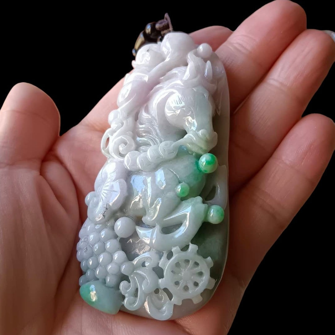 #646 AGI Certified Natural Lavender and Green Burma Jadeite Horse Pendant