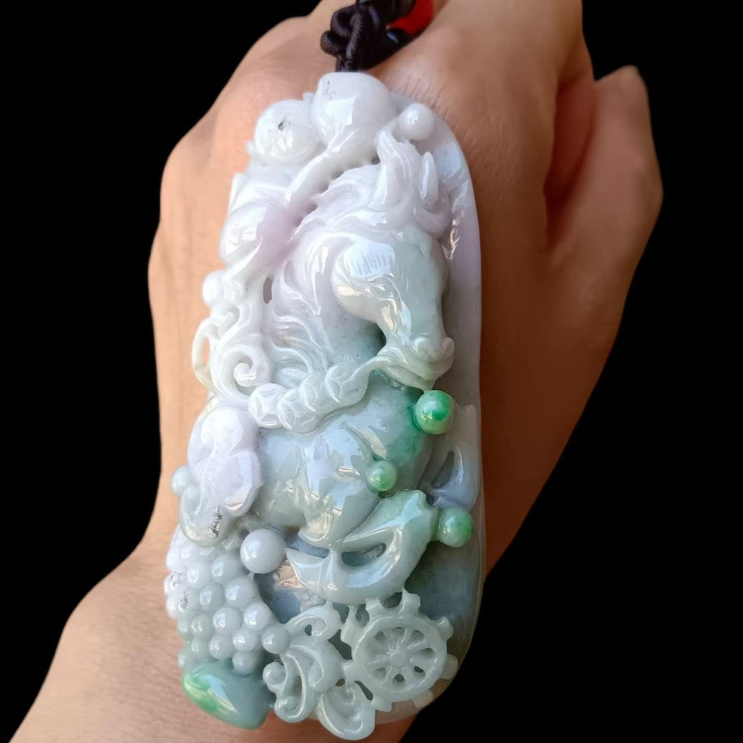 #646 AGI Certified Natural Lavender and Green Burma Jadeite Horse Pendant