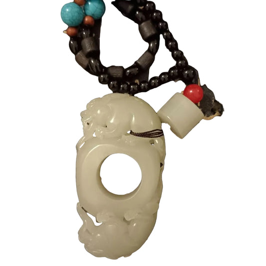 #648 AGL Certified Natural White Nephrite Jade Double-Pixiu Handheld Piece (Vintage)