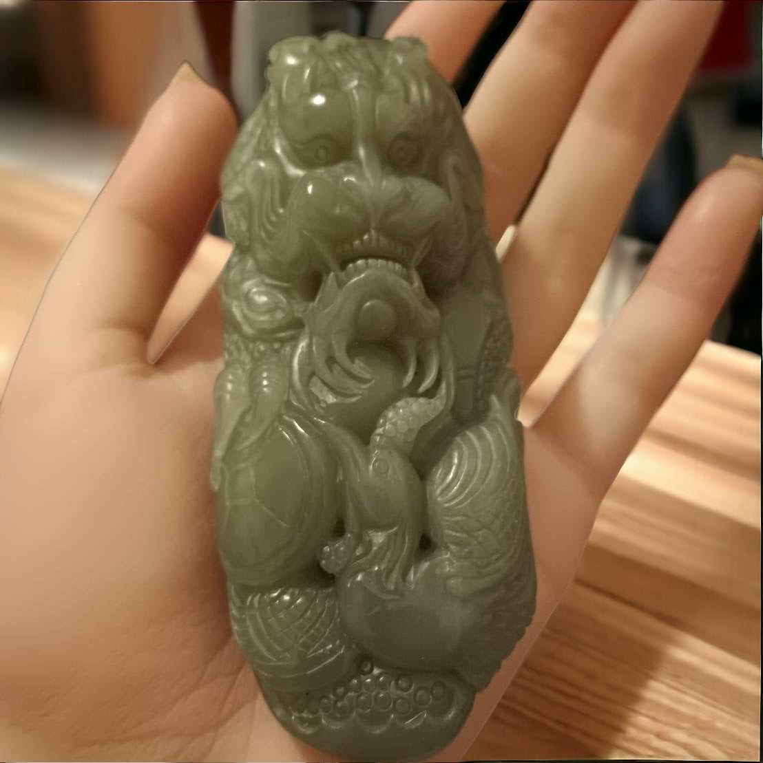 #653 AGL Certified Green Natural Nephrite Jade Dragon Handheld Piece