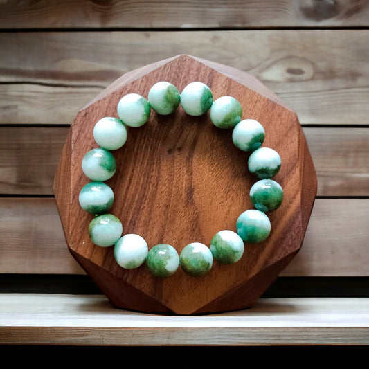 #182 Natural Green and White Burma Jadeite Yin Yang Bead Bracelet, 13 mm