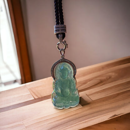 #735 Natural Translucent Blue Water Burma Jadeite, Tara Pendant in Sterling Silver Holder