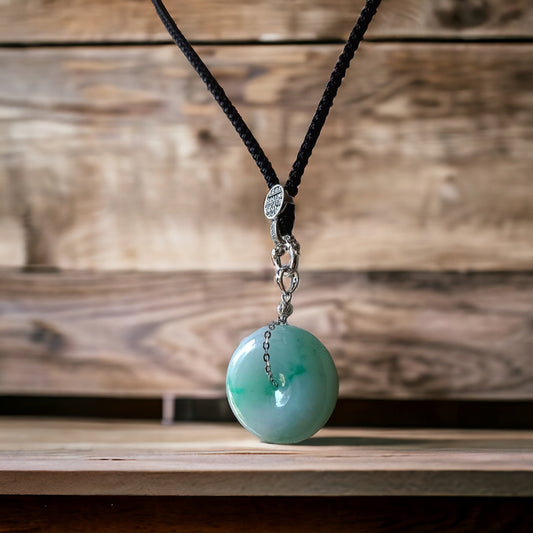 #751 Natural Light Green Burma Jadeite Thick Ping-An-Kou/Donut Pendant with 14K Gold Fixing