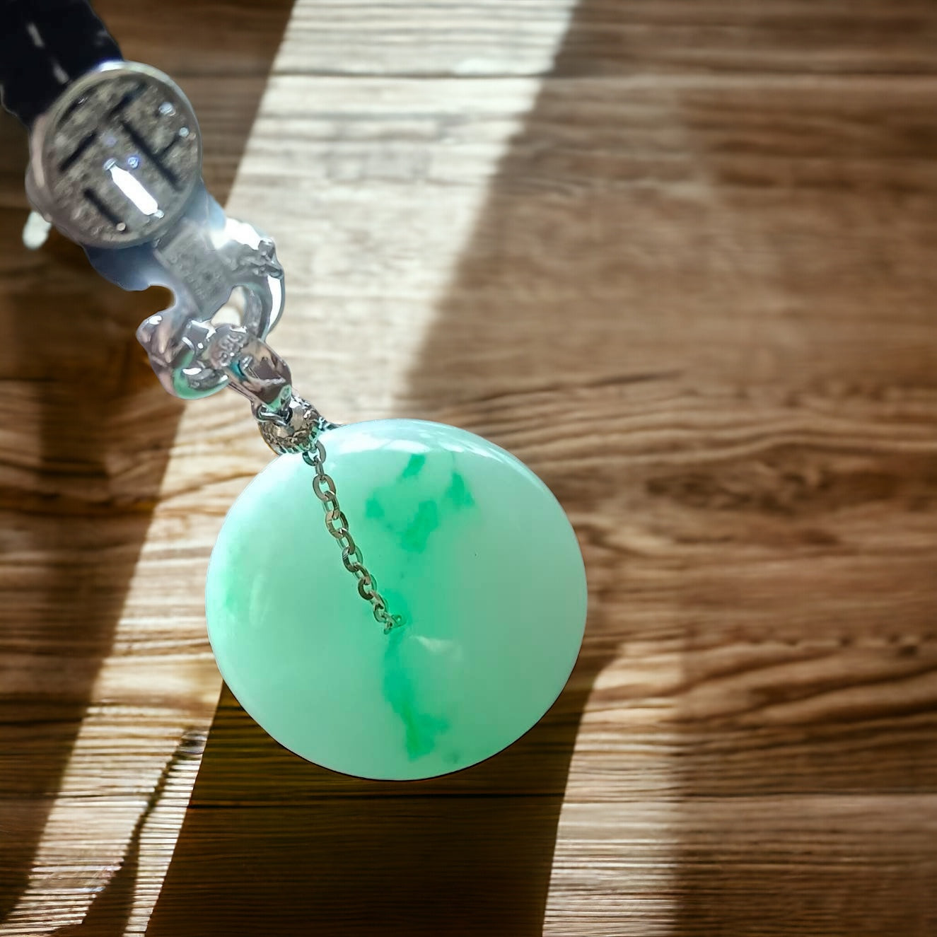#751 Natural Light Green Burma Jadeite Thick Ping-An-Kou/Donut Pendant with 14K Gold Fixing