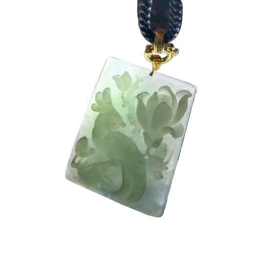 #159 GIA Certified Natural Jadeite Jade Parrot and Peonies Pendant with 18K Yellow Gold
