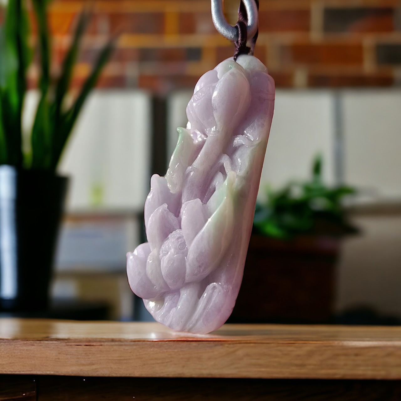 #312 Mason-Kay Certified Natural Jadeite Jade Lavender Green Lotus Pendant