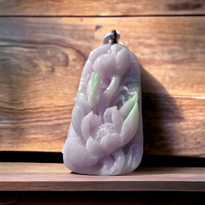 #312 Mason-Kay Certified Natural Jadeite Jade Lavender Green Lotus Pendant