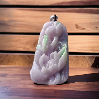 #312 Mason-Kay Certified Natural Jadeite Jade Lavender Green Lotus Pendant