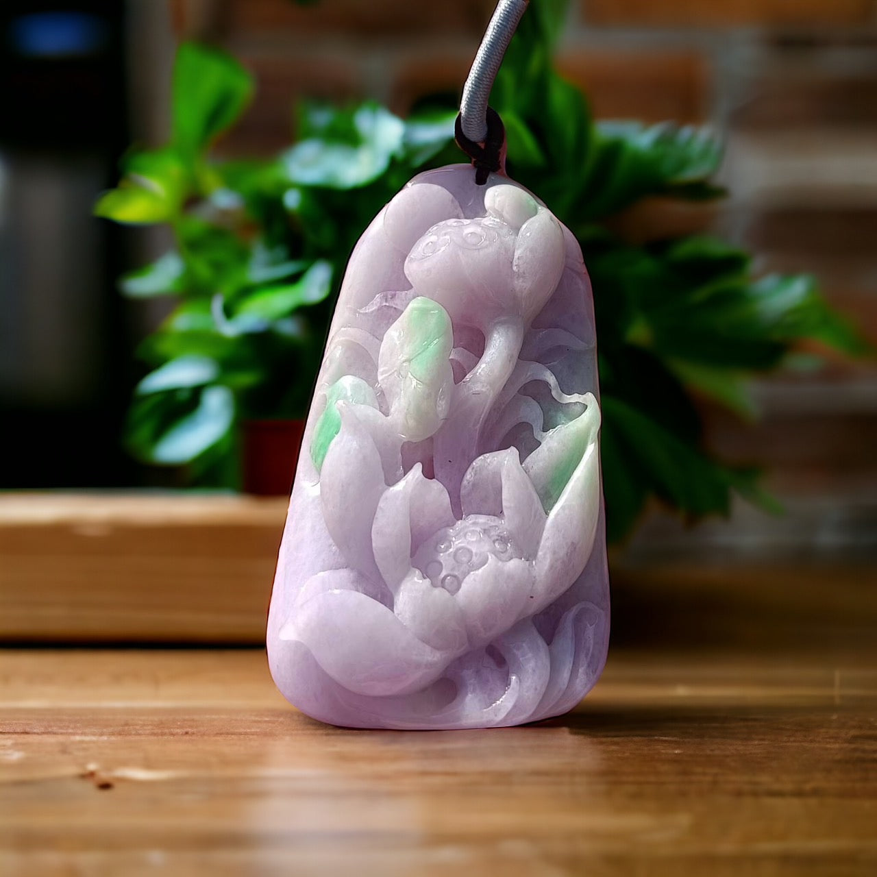 #312 Mason-Kay Certified Natural Jadeite Jade Lavender Green Lotus Pendant